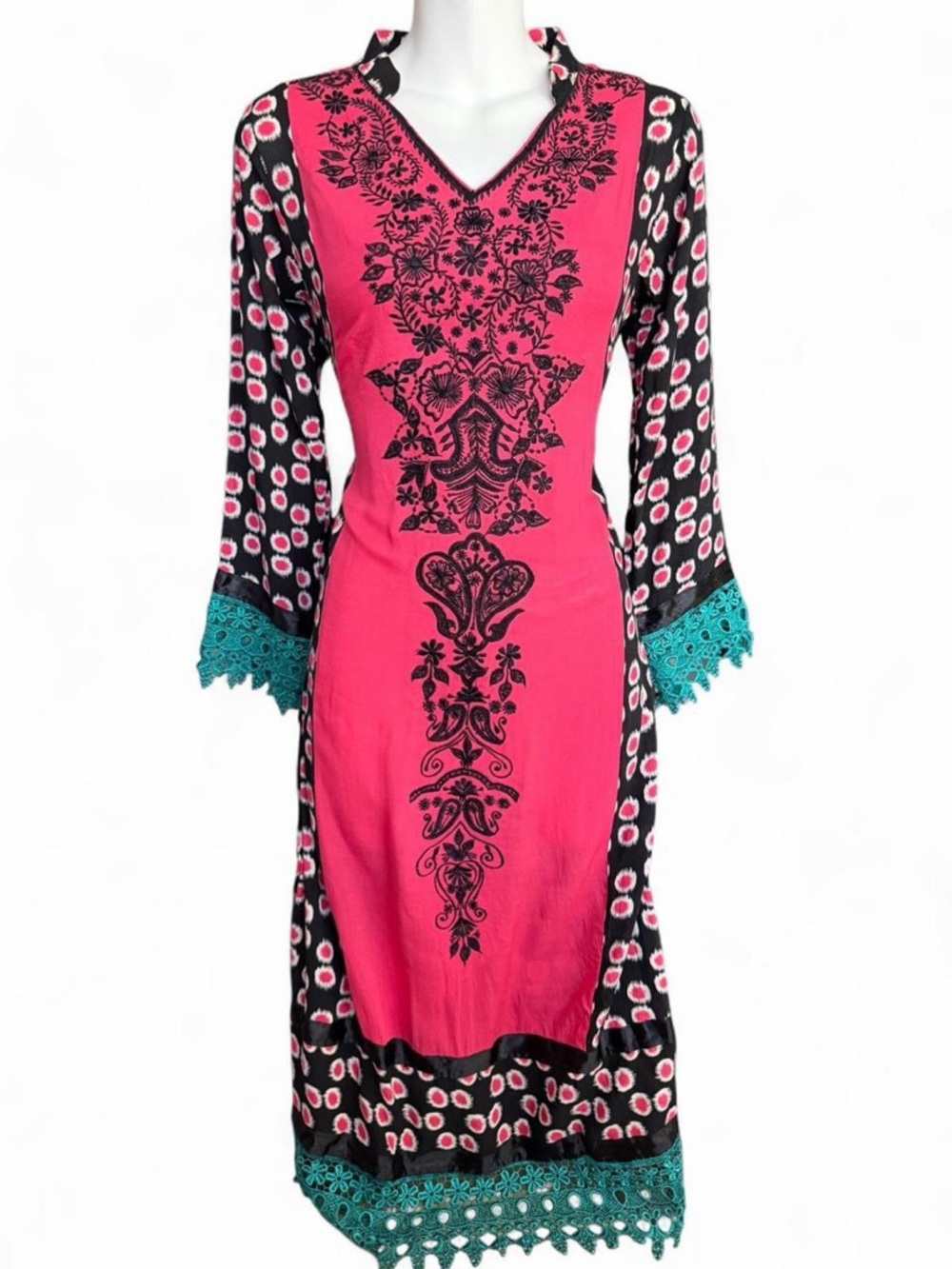 Women's Long Sleeve Pink V-Neck Dress with Black Embroidered Detail
